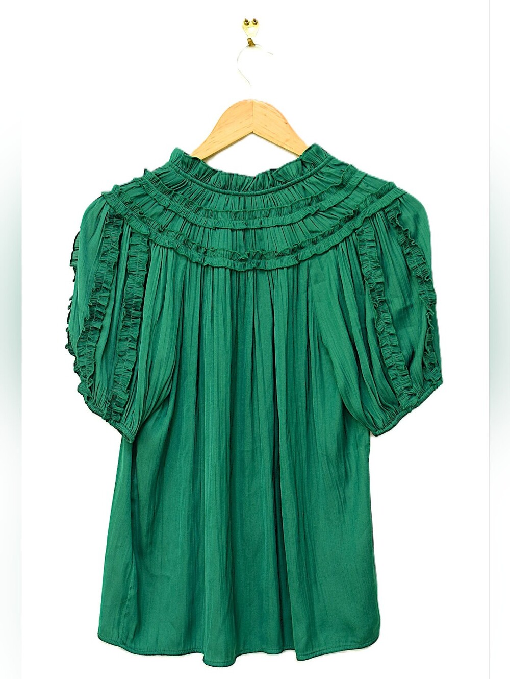 Anthropologie Shirred Peasant Blouse Green Emerald Ruffle Button Front Sz S Boho - Picture 6 of 13